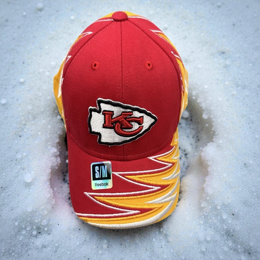 Vtg Y2K Reebok Kansas City Chiefs Flame Stitch Hat Small Medium Red Bold Hat
